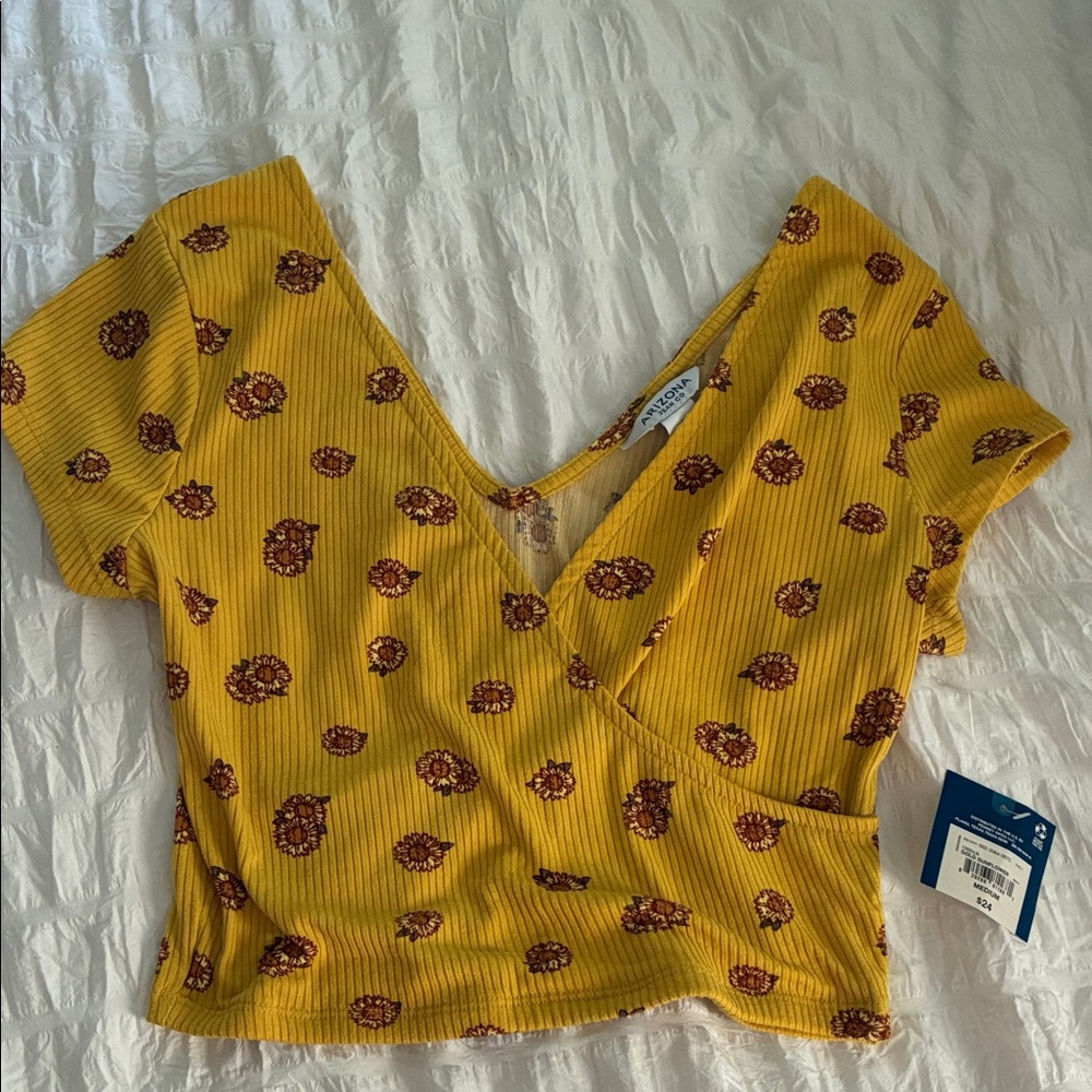 JCPenney Mustard Floral Wrap Blouse